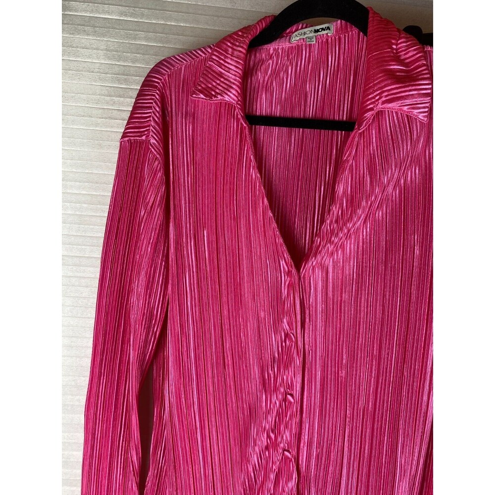 Fashion Nova 2pc Pants Top Sz S Pink Ribbed Long Sleeve Button Down V-Neck Sheer - Picture 2 of 16